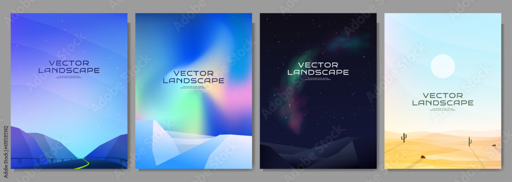 Vector illustration. A set of poster landscapes. Geometric minimalist flat style. Mountain road, northern lights sky, night scene, desert summer day. Design elements for cover, brochure, magazine