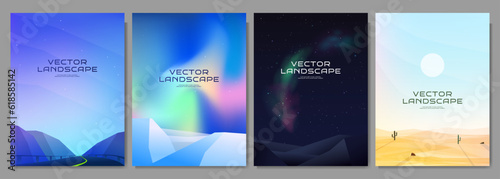 Vector illustration. A set of poster landscapes. Geometric minimalist flat style. Mountain road, northern lights sky, night scene, desert summer day. Design elements for cover, brochure, magazine