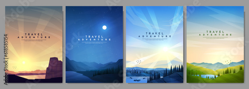 Vector illustration. A set of flat landscapes. Geometric minimalist style. Evening sunset by water, night scene with moonlight, day scene, green meadow with lake. Design for cover, brochure, layout