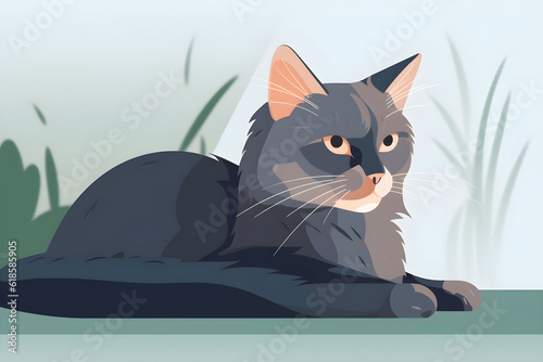  Flat vector illustration grey cat lying on be (