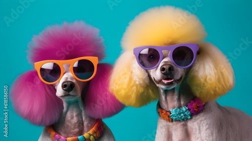 Two adorable poodles wearing sunglasses with vibrant colored frames and yellow, pink hair, adorned with vintage accessories, studio shot. AI generative image