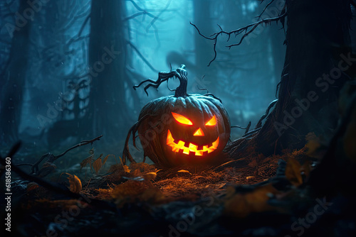 halloween background with scary pumpkin in a dark forest at night