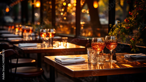 Billede på lærred Elegant and select restaurant table Wine Glass and appetizers, on the bar table