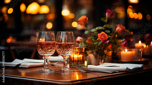 Elegant and select restaurant table Wine Glass and appetizers, on the bar table Soft light and romantic atmosphere dinner wedding service menue