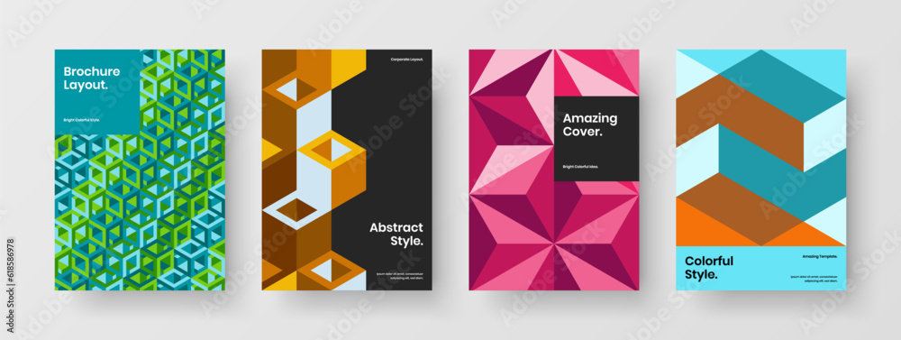 Fototapeta premium Modern annual report A4 vector design template composition. Multicolored geometric tiles pamphlet layout bundle.