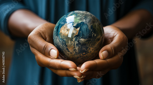 A womans hand holding the earth