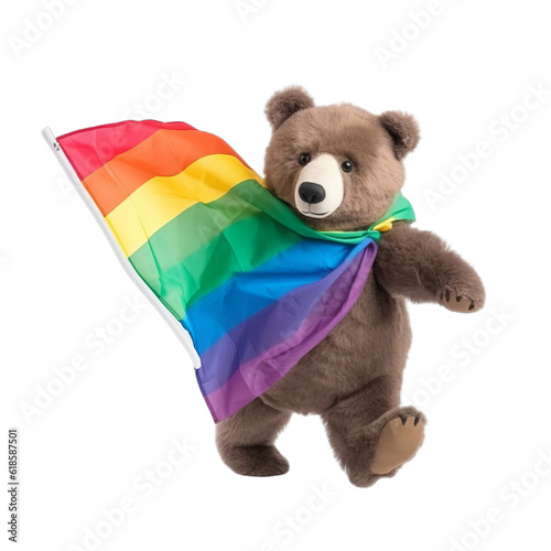 Cute teddy bear with LGBT or gay flag isolated on transparent background, PNG file. Concept of gay pride, bear gay, generative ai image. photo