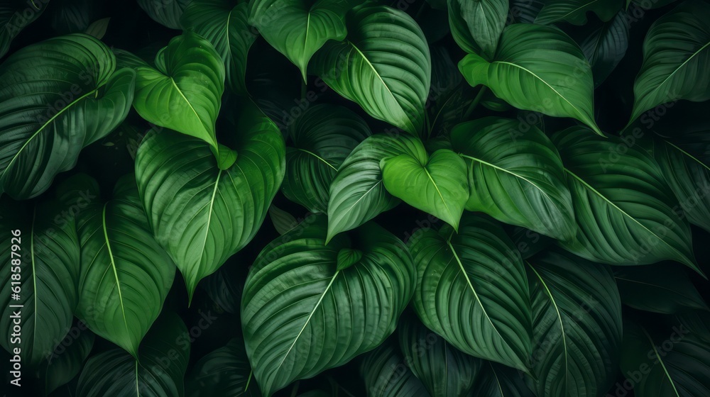 Close-up Serenity, Dark Tone Background of Spathiphyllum Cannifolium Leaves in the Garden, Embodying the Essence of Tropical Nature, generative ai. Close-up Serenity, Dark Tone Background of Spathiphyllum Cannifolium Leaves in the Garden, Embodying the Essence of Tropical Nature, generative ai.