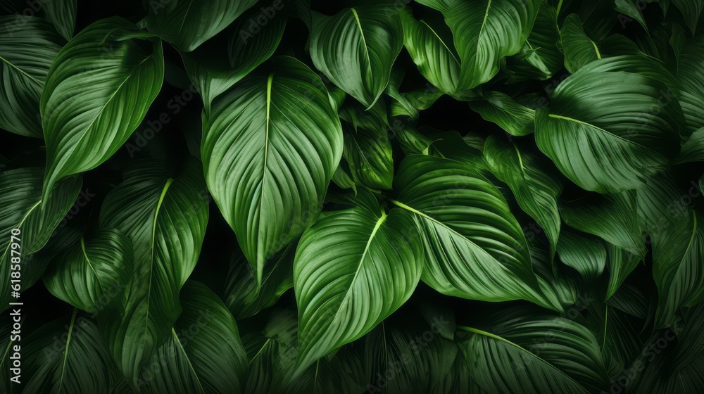Close-up Serenity, Dark Tone Background of Spathiphyllum Cannifolium Leaves in the Garden, Embodying the Essence of Tropical Nature, generative ai.