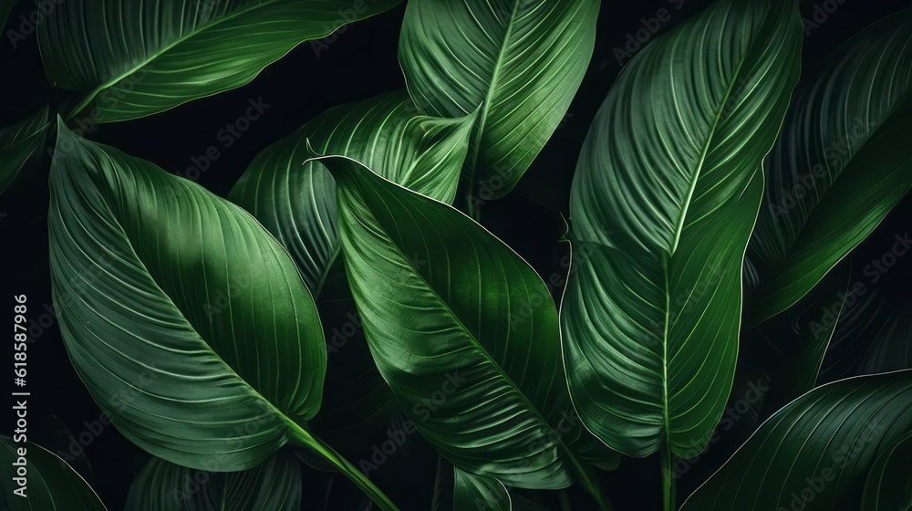 Close-up Serenity, Dark Tone Background of Spathiphyllum Cannifolium Leaves in the Garden, Embodying the Essence of Tropical Nature, generative ai. Close-up Serenity, Dark Tone Background of Spathiphyllum Cannifolium Leaves in the Garden, Embodying the Essence of Tropical Nature, generative ai.