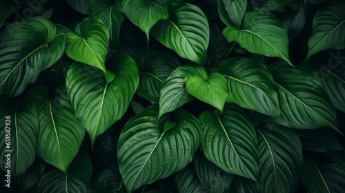 Close-up Serenity, Dark Tone Background of Spathiphyllum Cannifolium Leaves in the Garden, Embodying the Essence of Tropical Nature, generative ai.