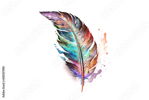 bird feather drawn with multicolored watercolors isolated on white background. Generated by AI