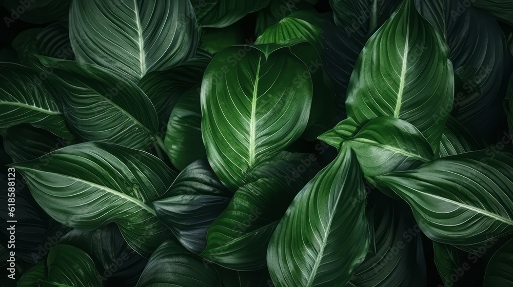 Close-up Serenity, Dark Tone Background of Spathiphyllum Cannifolium Leaves in the Garden, Embodying the Essence of Tropical Nature, generative ai.