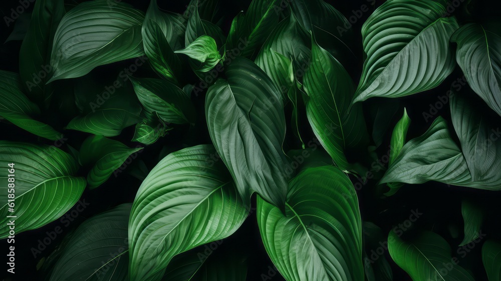 Close-up Serenity, Dark Tone Background of Spathiphyllum Cannifolium Leaves in the Garden, Embodying the Essence of Tropical Nature, generative ai.