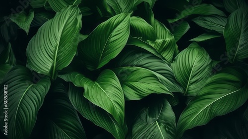 Close-up Serenity  Dark Tone Background of Spathiphyllum Cannifolium Leaves in the Garden  Embodying the Essence of Tropical Nature  generative ai.