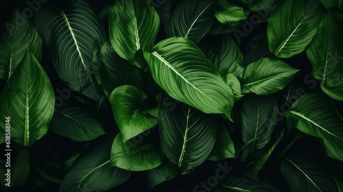 Close-up Serenity, Dark Tone Background of Spathiphyllum Cannifolium Leaves in the Garden, Embodying the Essence of Tropical Nature, generative ai.