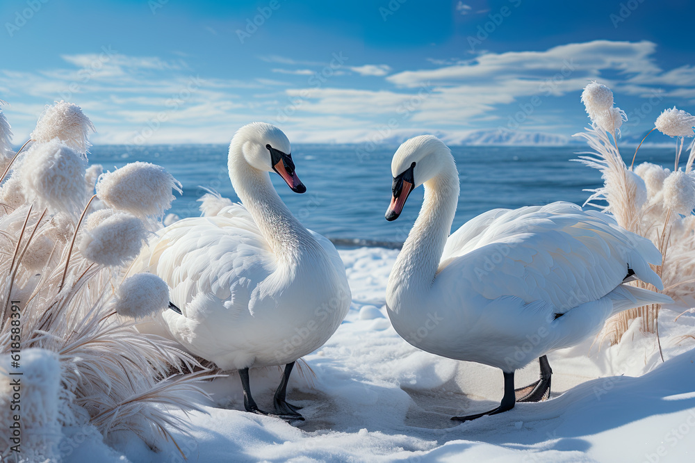 Obraz premium Two white swans are standing in the snow by the water. Generative AI.