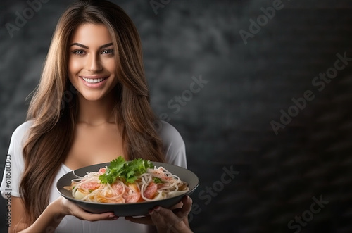 Typical original Ceviche seafood dish from raw food on the plate held in Arabian girl's hands