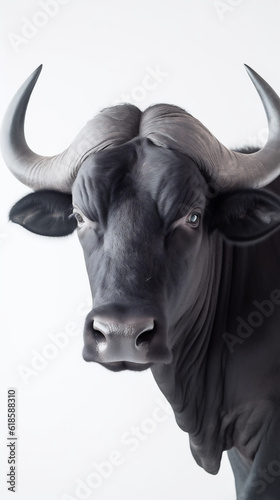 African cape buffalo (Syncerus caffer), also known as a forest, Nile, savannah, black and/or Congo buffalo, studio shot on a white background. Generative ai.