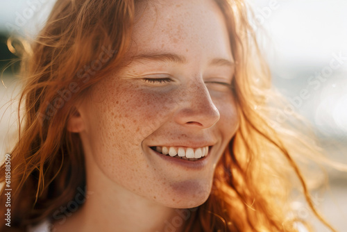 Beautiful smiling Caucasian woman in sunny beach outdoors.