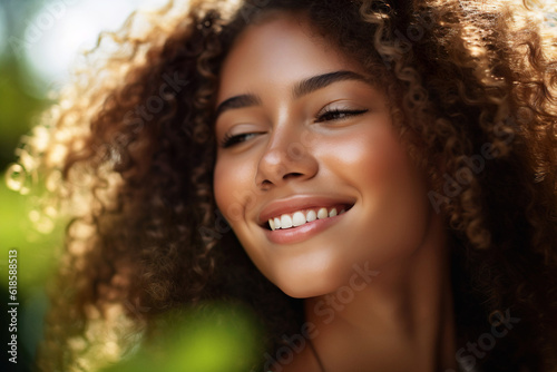 Beautiful smiling African curly woman with glowing skin in sun outdoors.