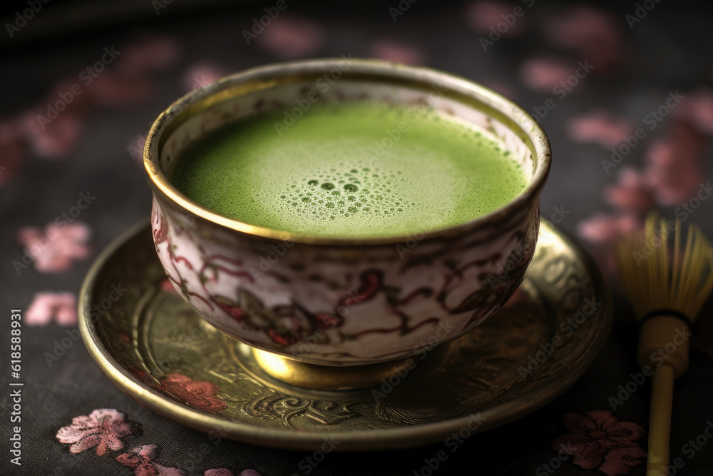 Fototapeta premium Green matcha tea drink on tray, AI Generated