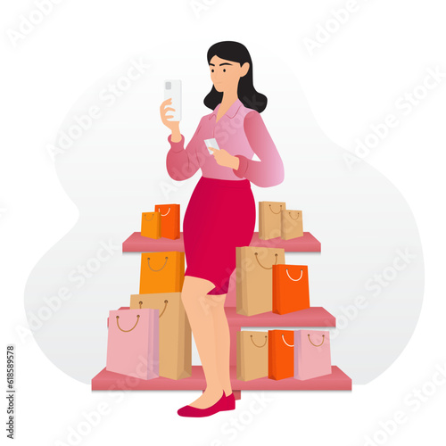Woman online shopping with smartphone. Girl shopping online flat vector illustration. Young woman buying. 