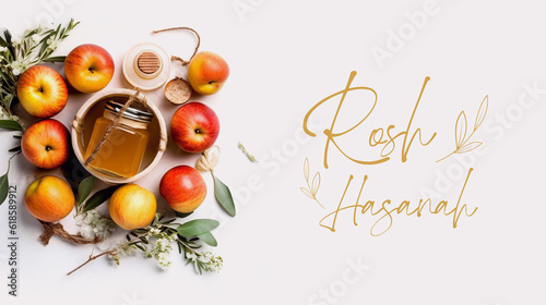 Jewish New Year or  Rosh Hashanah with Honey and Apples. AI Generative Image photo