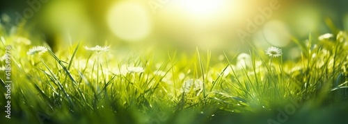 An illustration depicting a natural background with young, juicy green grass basking in sunlight, accompanied by beautiful bokeh. A summer-spring panorama banner. Made with Generative AI technology