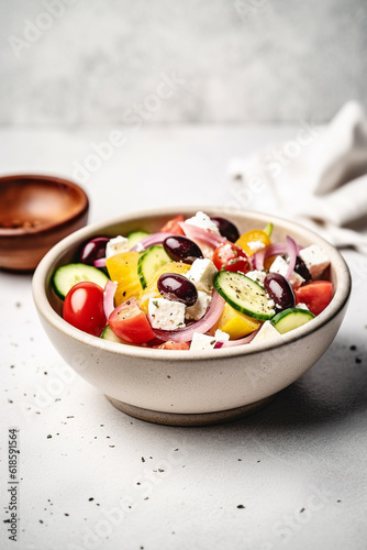 Greek salad in a plate or bowl on light background. Salad with feta cheese and olives. Generative AI