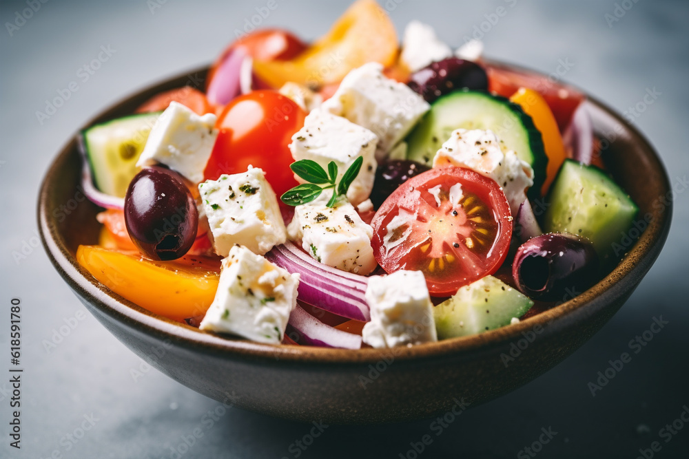 Greek salad in a plate or bowl on light background. Salad with feta cheese and olives. Generative AI Greek salad in a plate or bowl on light background. Salad with feta cheese and olives. Generative AI