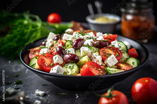 Greek salad in a plate or bowl on light background. Salad with feta cheese and olives. Generative AI