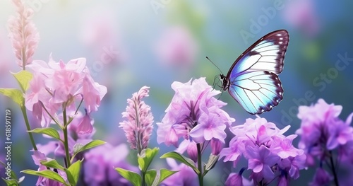 Butterflies flutter among purple and blue flowers suspended in the sky, creating a whimsical spectacle. Made with generative AI technology © mafizul_islam