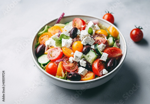 Greek salad in a plate or bowl on light background. Salad with feta cheese and olives. Generative AI