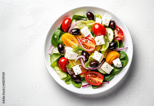 Greek salad in a plate or bowl on light background. Salad with feta cheese and olives. Generative AI photo