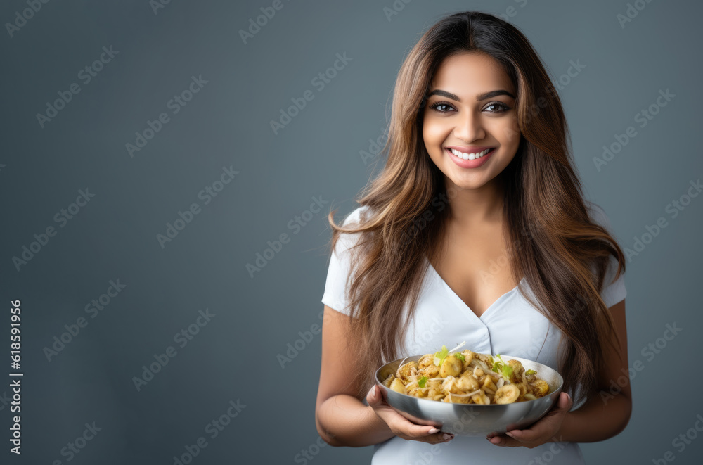 Typical original Ceviche seafood dish from raw food on the plate held in Indian girl's hands Typical original Ceviche seafood dish from raw food on the plate held in Indian girl's hands