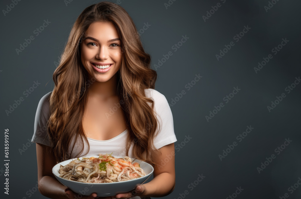 Typical original Ceviche seafood dish from raw food on the plate held in beautiful girl's hands Typical original Ceviche seafood dish from raw food on the plate held in beautiful girl's hands