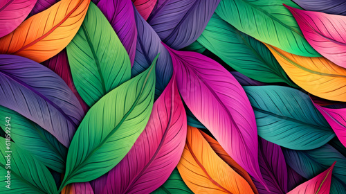 Seamless pattern of colorful leaves in pink, green and yellow. Abstract bright summer background. Modern exotic floral jungle pattern.  © natmioni