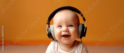 A baby in headphones poster with copy space photo