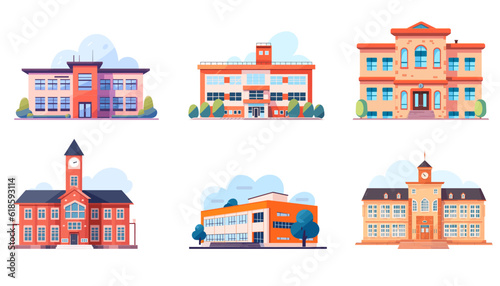 School Building set in flat style isolated on white background. Vector illustration EPS10