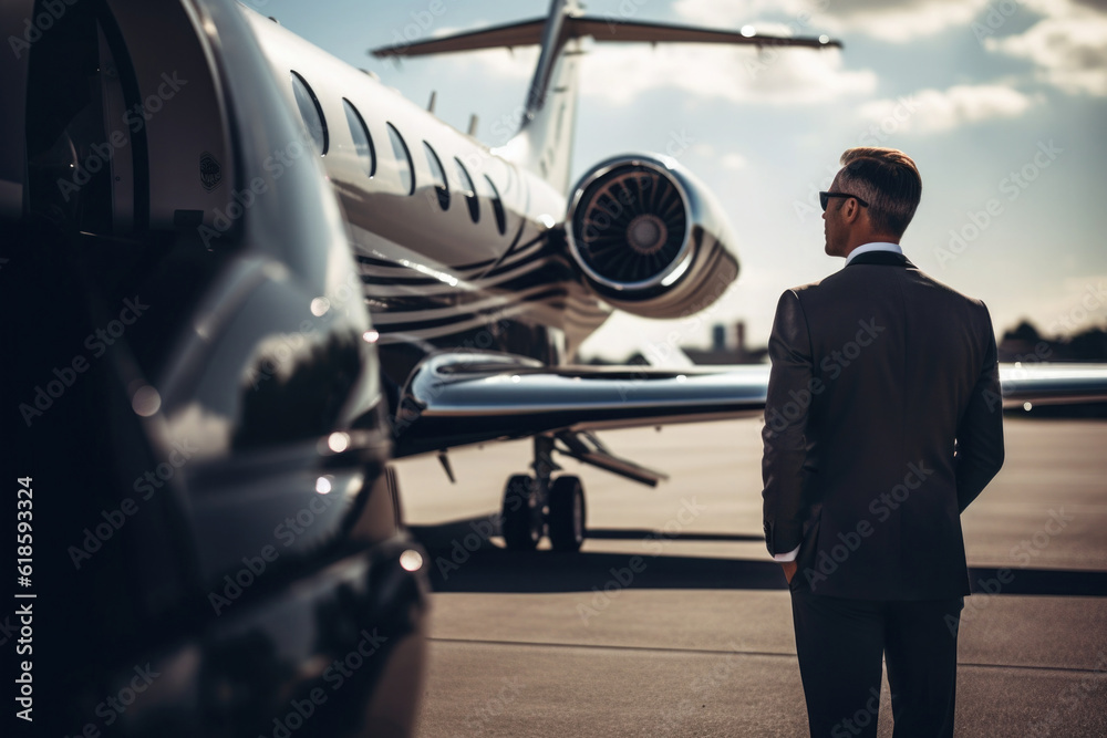 Confident businessman in suit stands next to luxury private jet. Concept of wealth and success. Created with Generative AI
