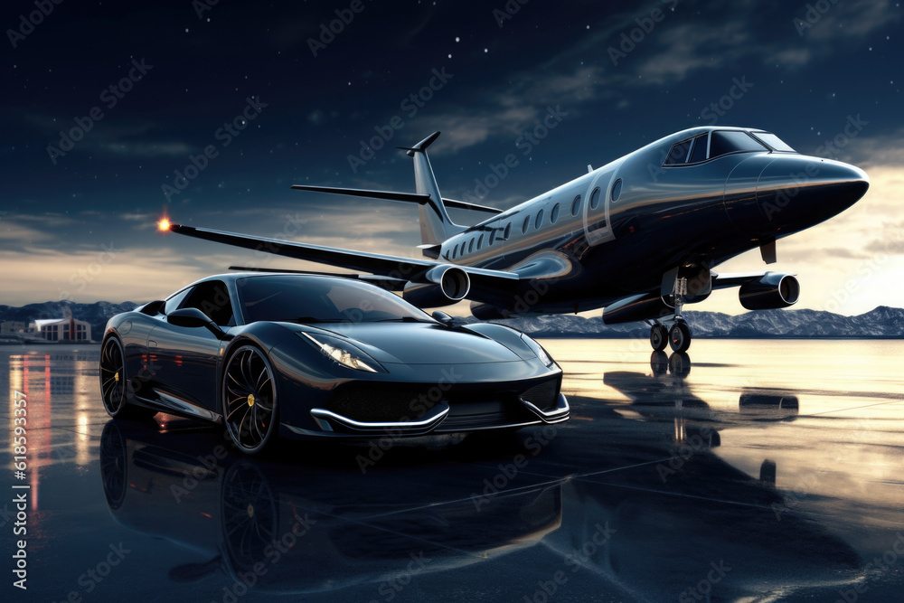 Private jet and luxury car in airport. Business class transfer for rich people. Created with Generative AI
