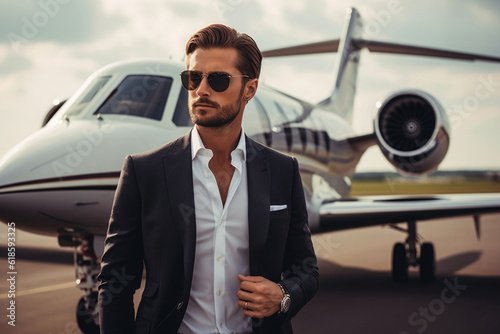 Confident businessman in suit stands next to luxury private jet. Concept of wealth and success. Created with Generative AI © Lazy_Bear