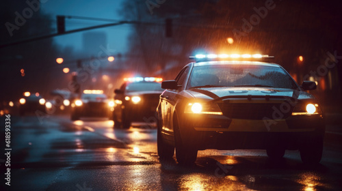 Police car with red and blue flashing lights on night street. Police patrol ensures law and order in city . Created with Generative AI © Lazy_Bear
