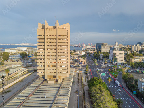 The downtown of Haifa with it's main highway and an abandoned tower  photo