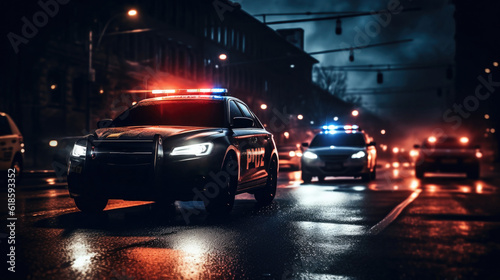 Police car with red and blue flashing lights on night street. Police patrol ensures law and order in city . Created with Generative AI © Lazy_Bear