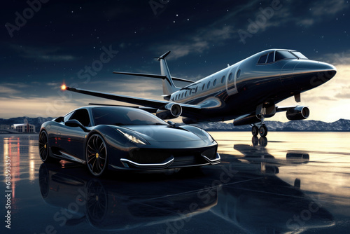 Private jet and luxury car in airport. Business class transfer for rich people. Created with Generative AI © Lazy_Bear