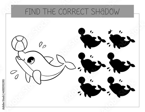 Find the correct shadow coloring book with dolphin with ball. Coloring page educational game for kids. Cute cartoon dolphin. Shadow matching game. Vector illustration.