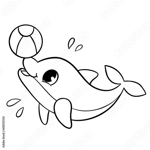 Dolphin with ball coloring book for kids. Coloring page. Monochrome black and white illustration. Vector children's illustration.