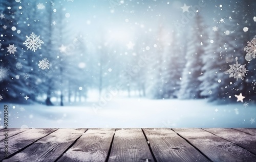 An illustration of a beautiful winter snowy blurred defocused blue background with an empty wooden flooring. Flakes of snowfall sparkle in the light. Created with Generative AI technology